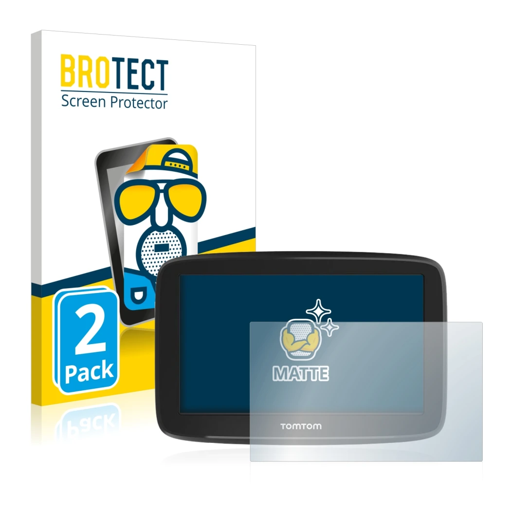 Vorderseite einer Produktverpackung mit dem Markenlogo BROTECT. Daneben ist das Gerät TomTom GO Basic (6