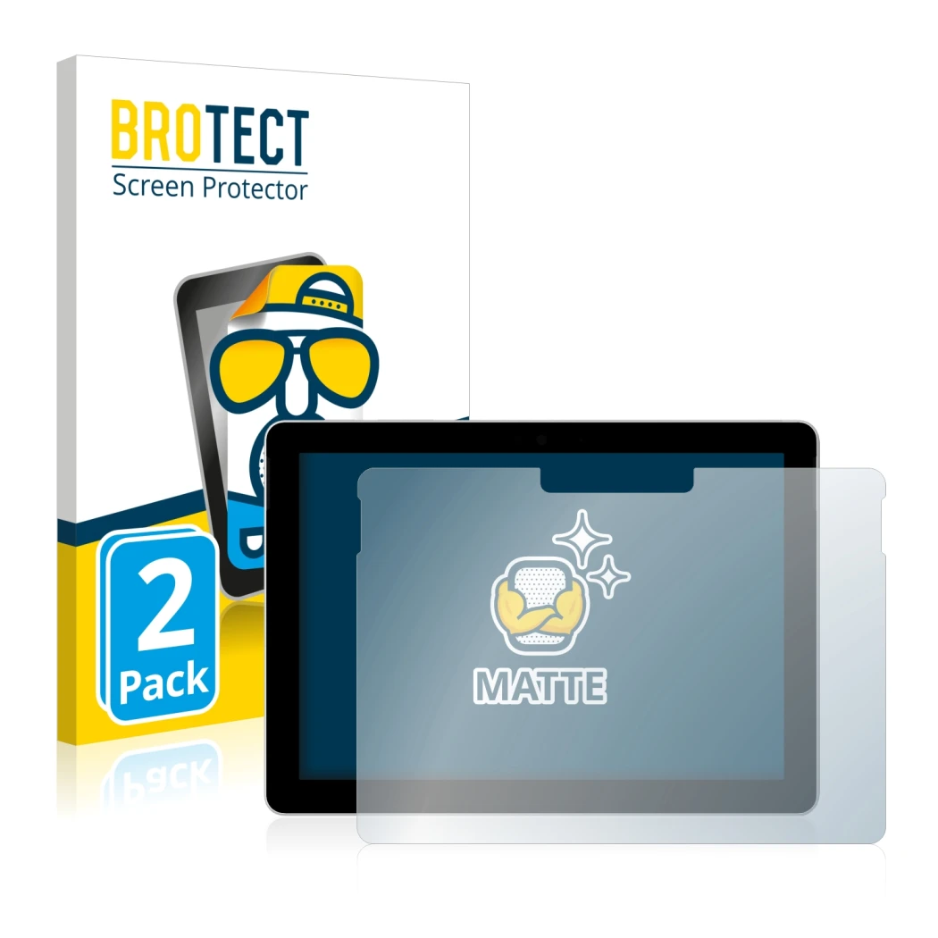 Vorderseite einer Produktverpackung mit dem Markenlogo BROTECT. Daneben ist das Gerät Microsoft Surface Go (1. Gen.) mit dem z