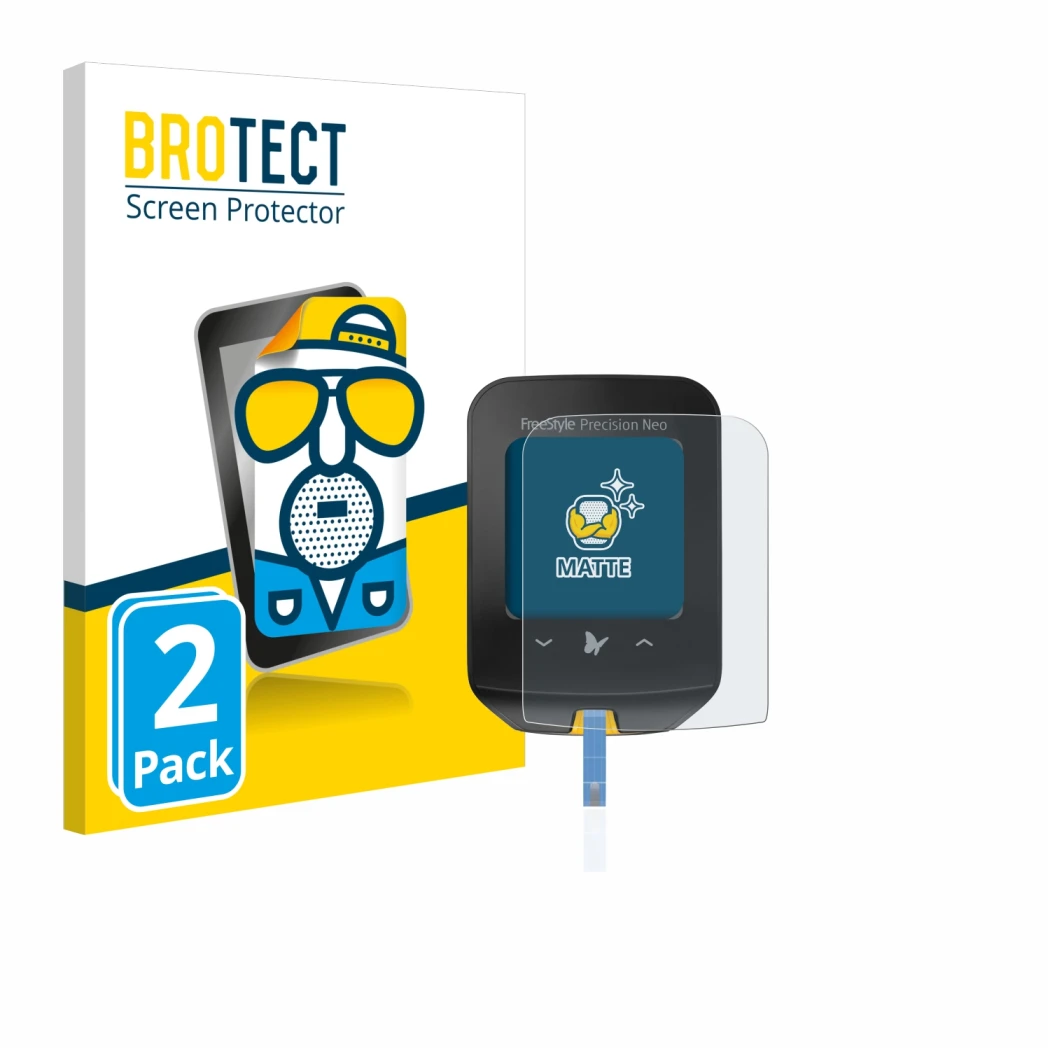 Vorderseite einer Produktverpackung mit dem Markenlogo BROTECT. Daneben ist das Gerät Freestyle Precision Neo mit dem zugehöri