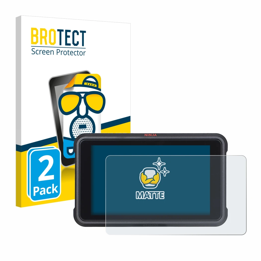 Vorderseite einer Produktverpackung mit dem Markenlogo BROTECT. Daneben ist das Gerät Atomos Ninja V mit dem zugehörigen Displ