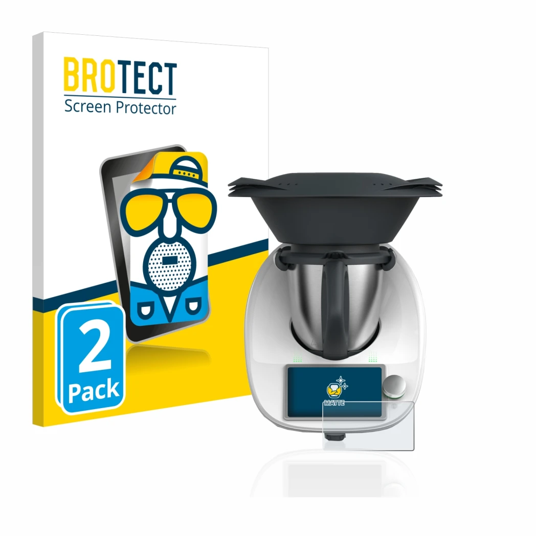 Vorderseite einer Produktverpackung mit dem Markenlogo BROTECT. Daneben ist das Gerät Vorwerk Thermomix TM6 mit dem zugehörige