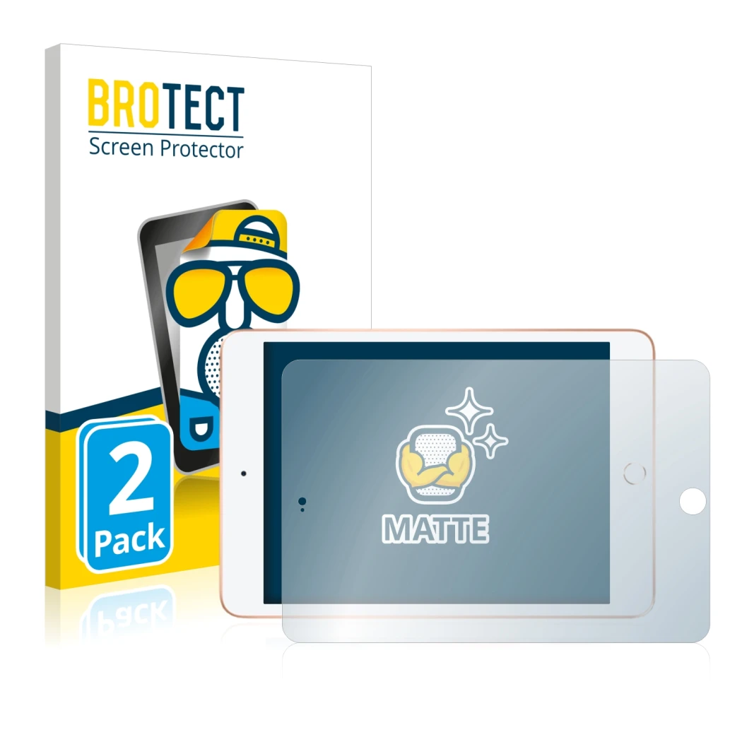 Vorderseite einer Produktverpackung mit dem Markenlogo BROTECT. Daneben ist das Gerät Apple iPad Mini 5 2019 (im Querformat, 5