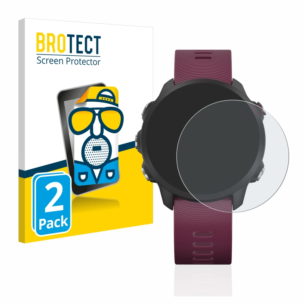 Vorderseite einer Produktverpackung mit dem Markenlogo BROTECT. Daneben ist das Gerät Garmin Forerunner 245 mit dem zugehörige