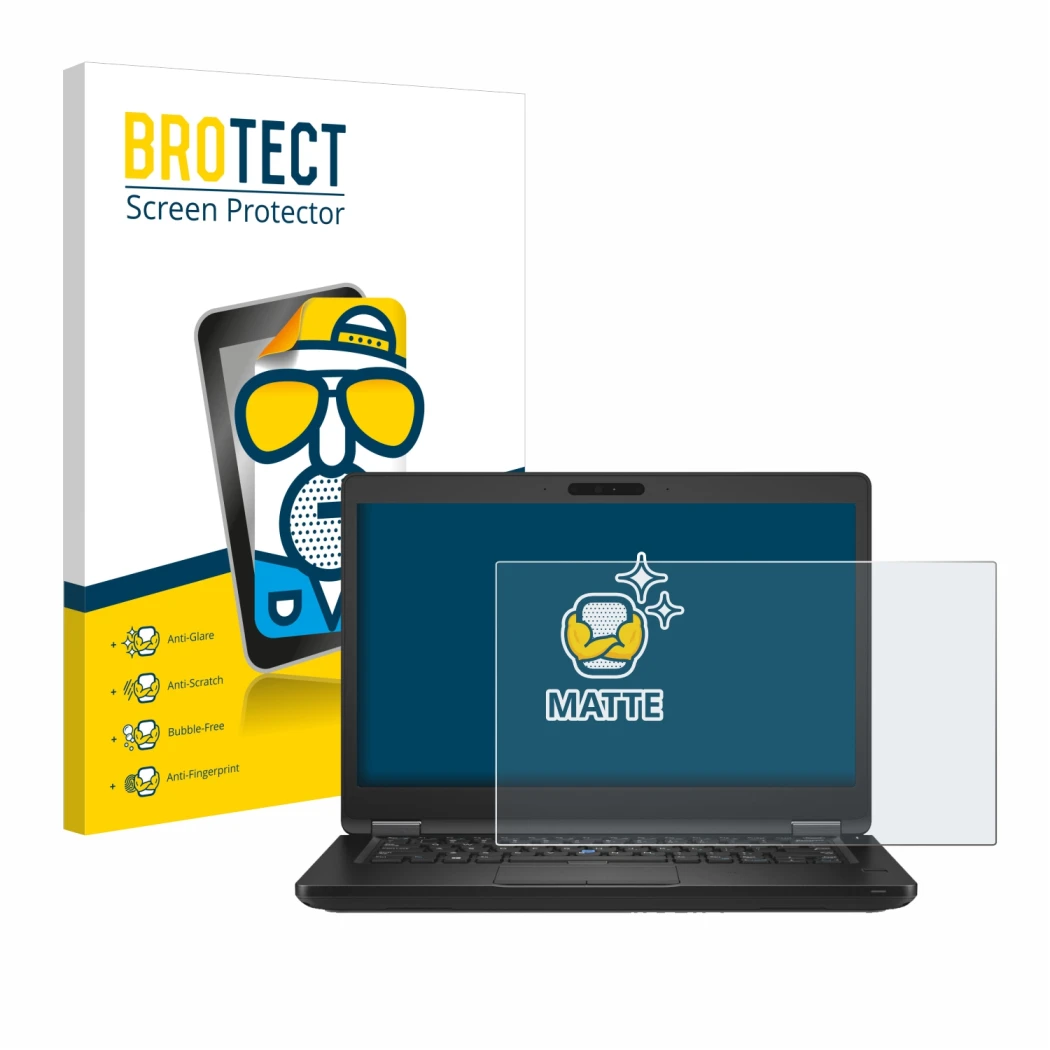 Vorderseite einer Produktverpackung mit dem Markenlogo BROTECT. Daneben ist das Gerät Dell Latitude 5490 Non-Touch mit dem zug