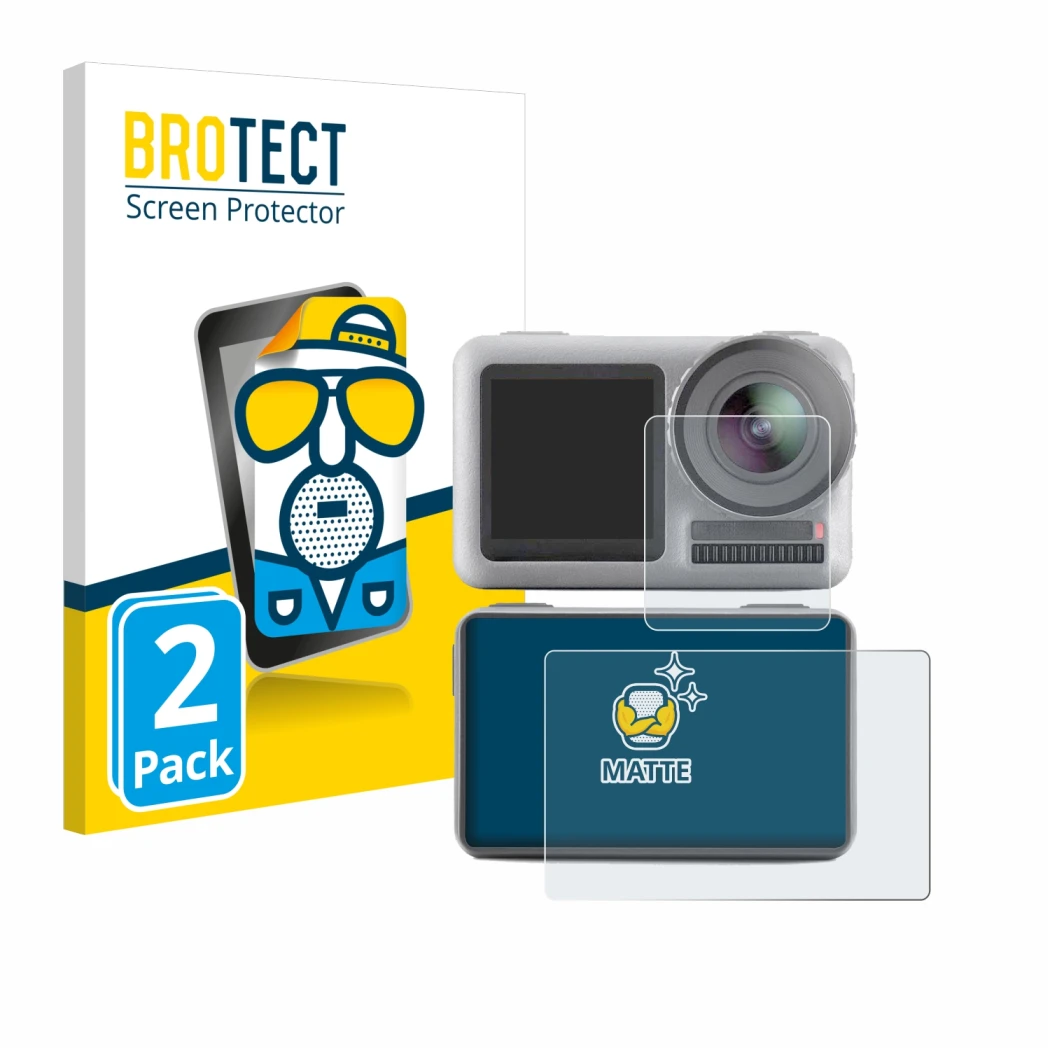 Vorderseite einer Produktverpackung mit dem Markenlogo BROTECT. Daneben ist das Gerät DJI Osmo Action mit dem zugehörigen Disp