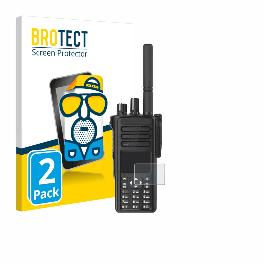 Vorderseite einer Produktverpackung mit dem Markenlogo BROTECT. Daneben ist das Gerät Motorola DP4801e mit dem zugehörigen Dis