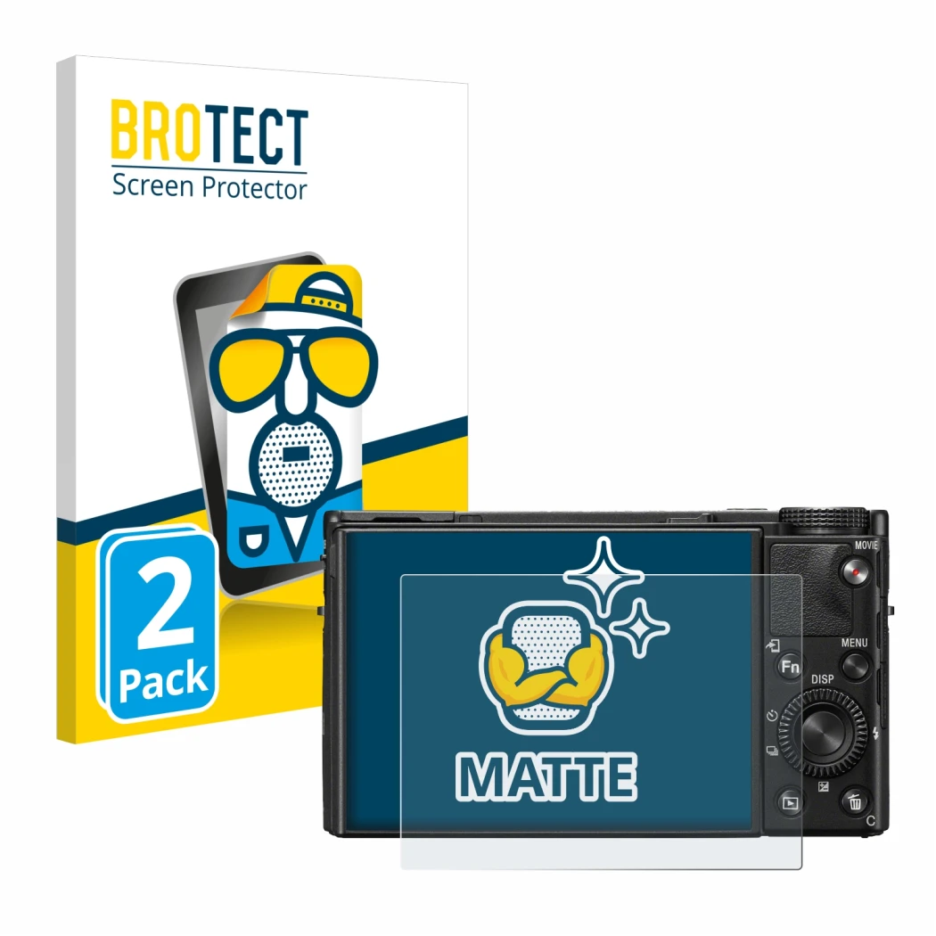 Vorderseite einer Produktverpackung mit dem Markenlogo BROTECT. Daneben ist das Gerät Sony Cyber-Shot DSC-RX100 VII mit dem zu