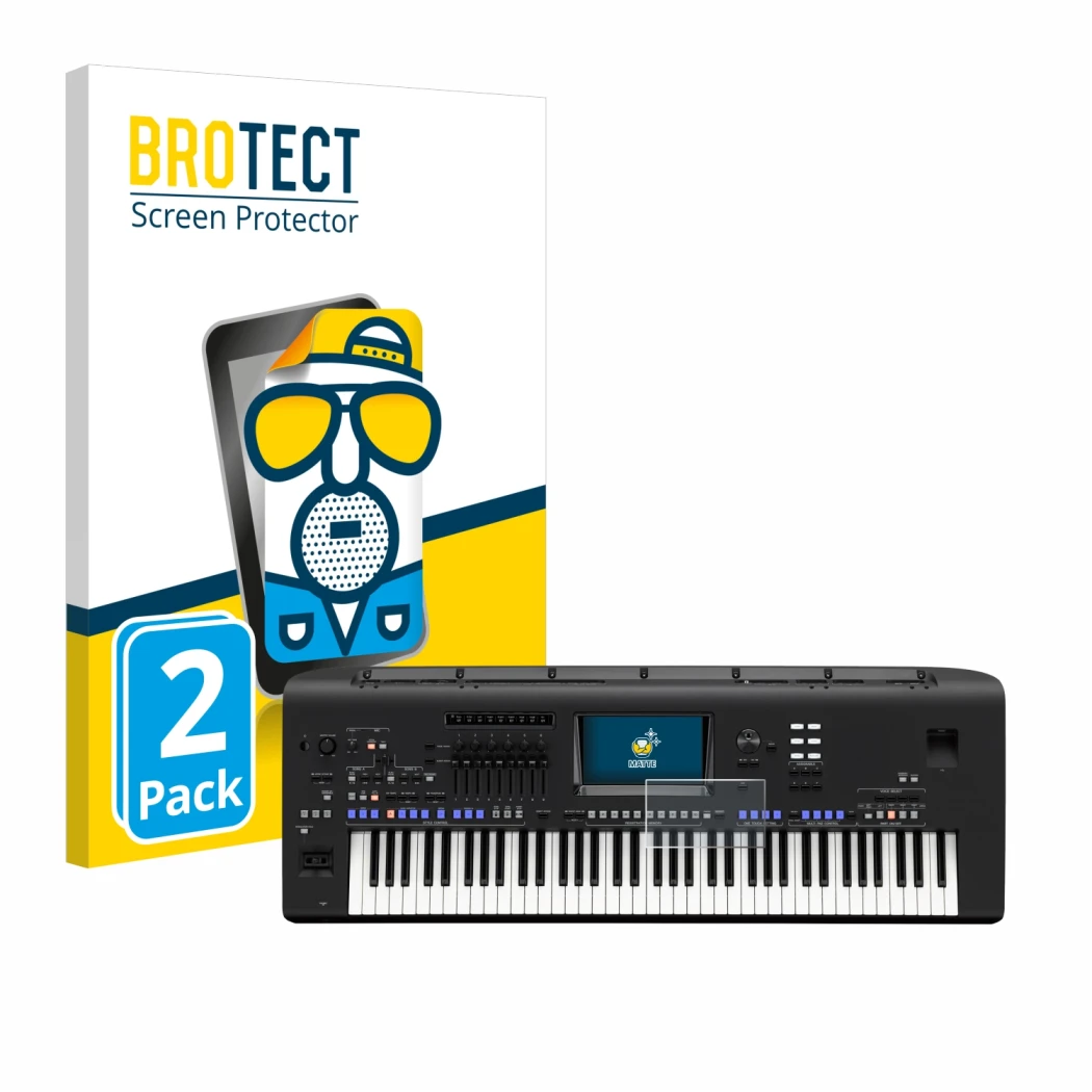 Vorderseite einer Produktverpackung mit dem Markenlogo BROTECT. Daneben ist das Gerät Yamaha Genos mit dem zugehörigen Display