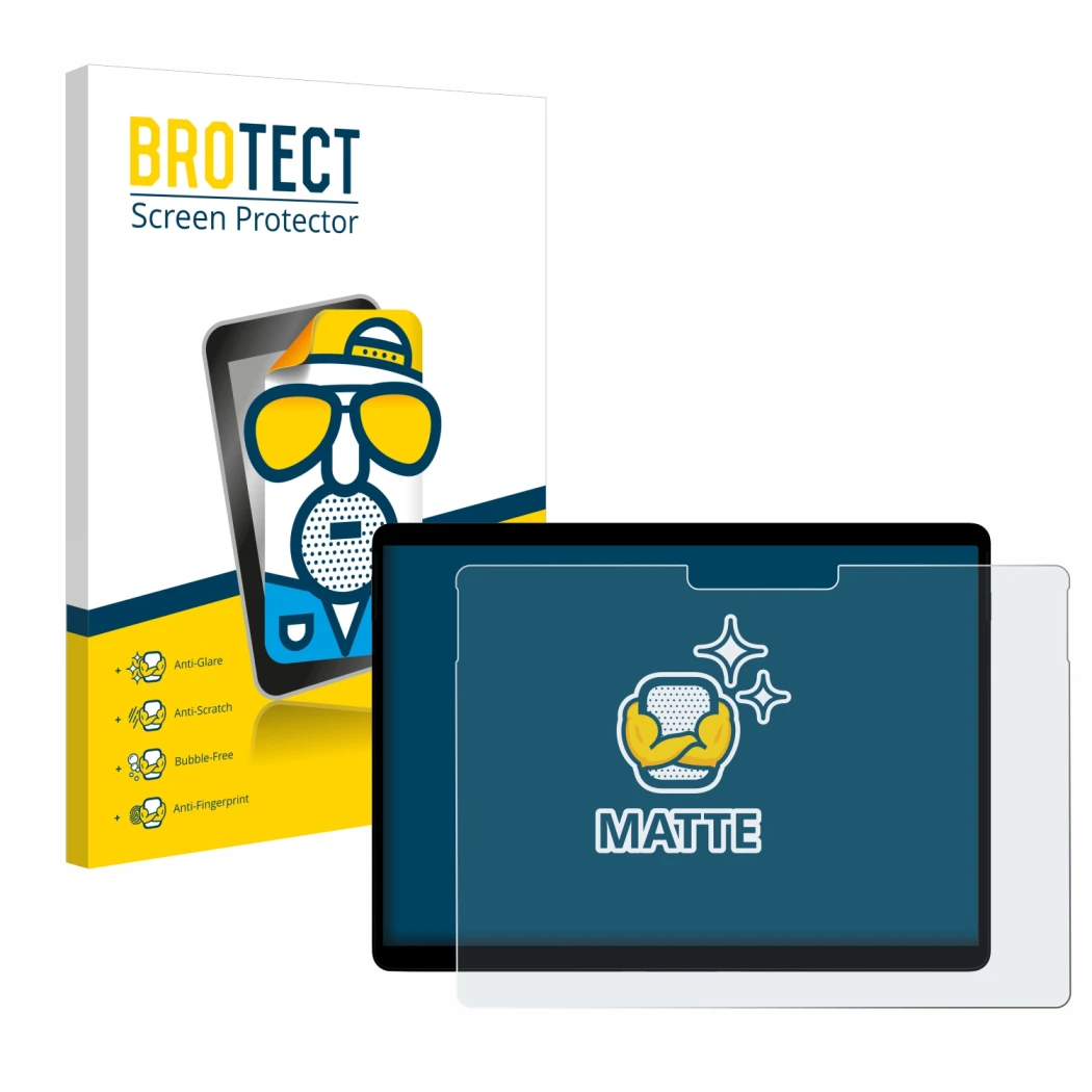 Vorderseite einer Produktverpackung mit dem Markenlogo BROTECT. Daneben ist das Gerät Microsoft Surface Pro X mit dem zugehöri