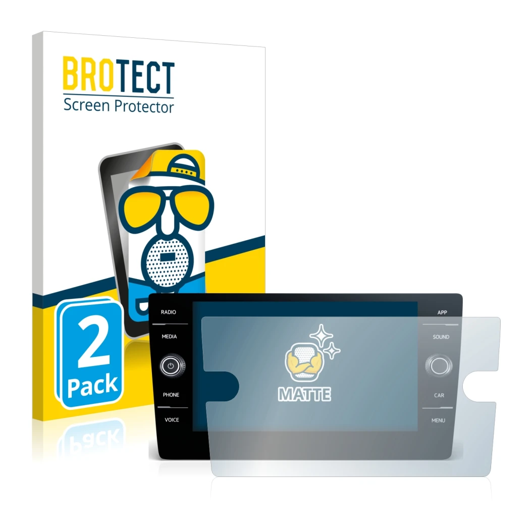Vorderseite einer Produktverpackung mit dem Markenlogo BROTECT. Daneben ist das Gerät Volkswagen Touran 2017 Discover Media 8