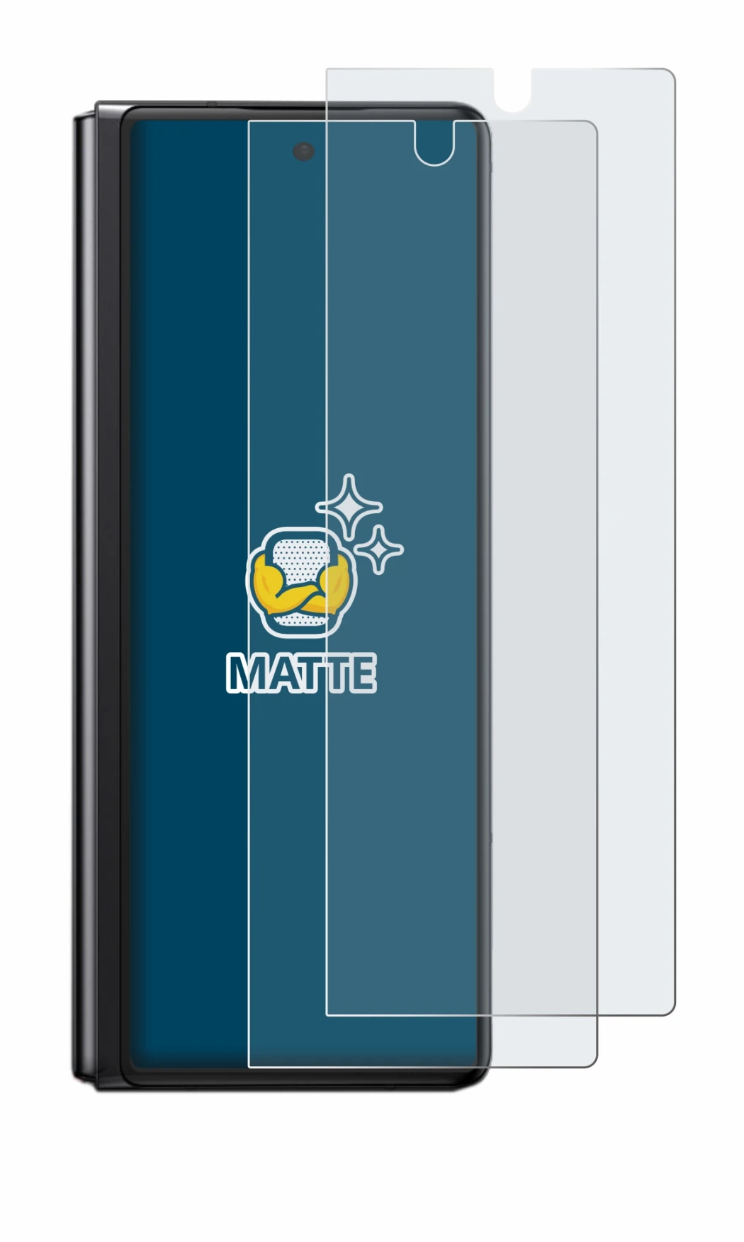 Abbildung des Geräts Samsung Galaxy Z Fold 2 5G mit einer Vielzahl des Displayschutzes.