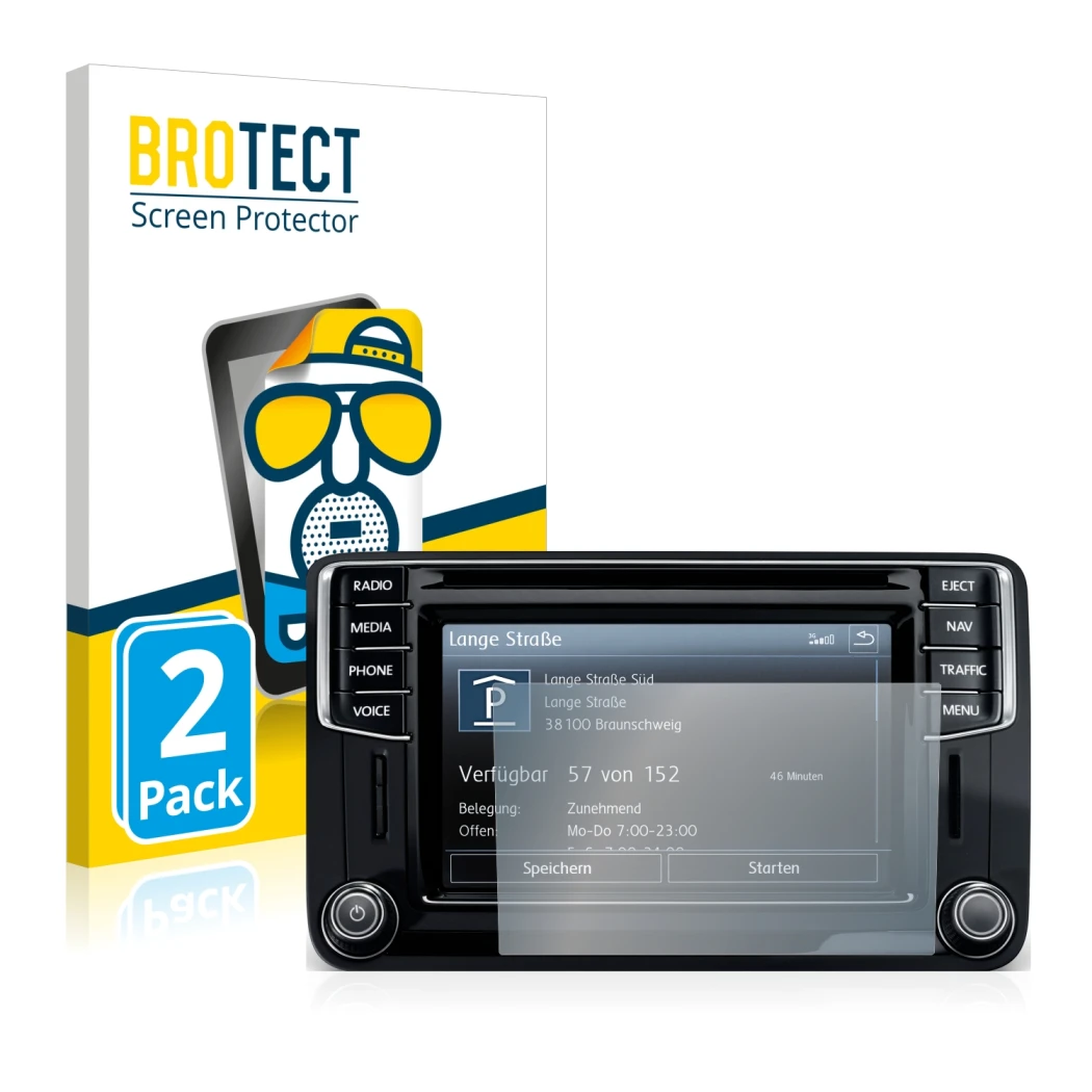 Vorderseite einer Produktverpackung mit dem Markenlogo BROTECT. Daneben ist das Gerät Volkswagen Caddy 2015 Discover Media 6.5