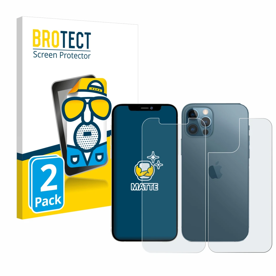 Vorderseite einer Produktverpackung mit dem Markenlogo BROTECT. Daneben ist das Gerät Apple iPhone 12 Pro Max (Display+Rücksei