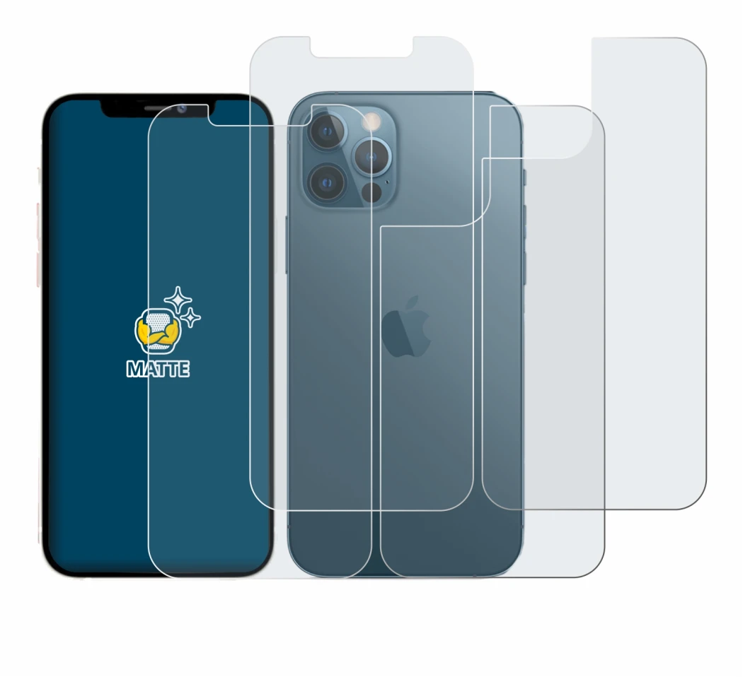 Abbildung des Geräts Apple iPhone 12 Pro Max (Display+Rückseite) mit einer Vielzahl des Displayschutzes.