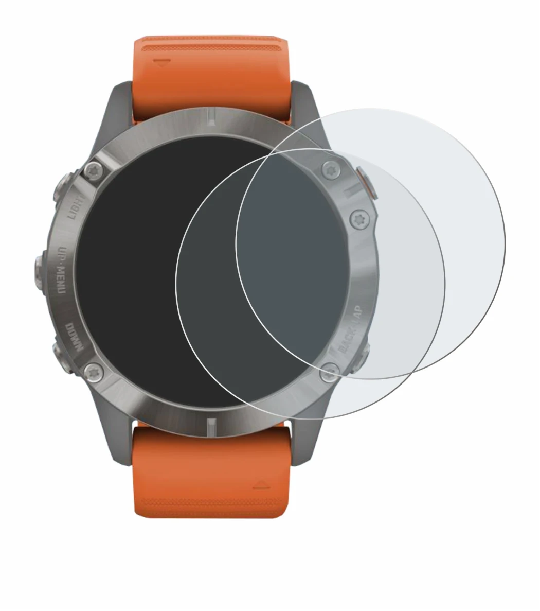 Abbildung des Geräts Garmin Fenix 6 Pro Solar mit einer Vielzahl des Displayschutzes.