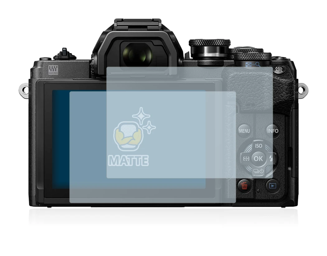 Abbildung des Geräts Olympus OM-D E-M10 Mark IV mit einer Vielzahl des Displayschutzes.