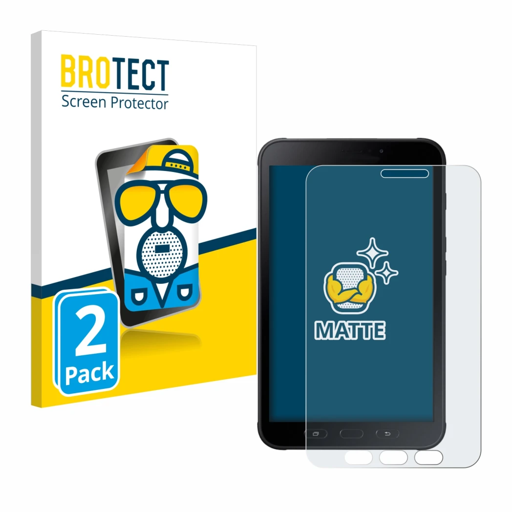 Vorderseite einer Produktverpackung mit dem Markenlogo BROTECT. Daneben ist das Gerät Samsung Galaxy Tab Active 2 SM-T395 mit 