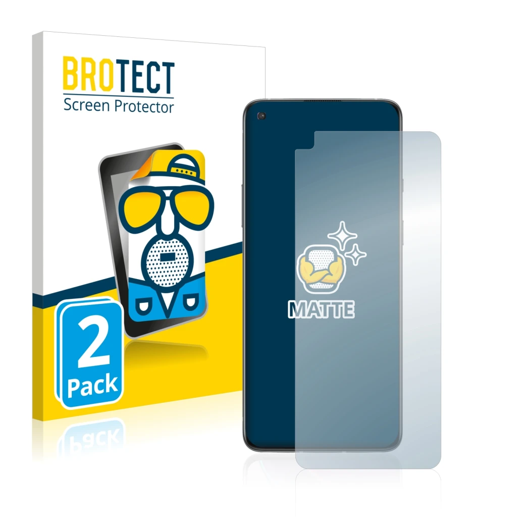 Vorderseite einer Produktverpackung mit dem Markenlogo BROTECT. Daneben ist das Gerät OnePlus 8T mit dem zugehörigen Displaysc