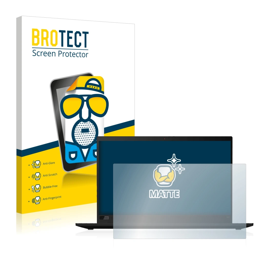 Vorderseite einer Produktverpackung mit dem Markenlogo BROTECT. Daneben ist das Gerät Lenovo ThinkPad X1 Carbon (8. Gen.) mit 