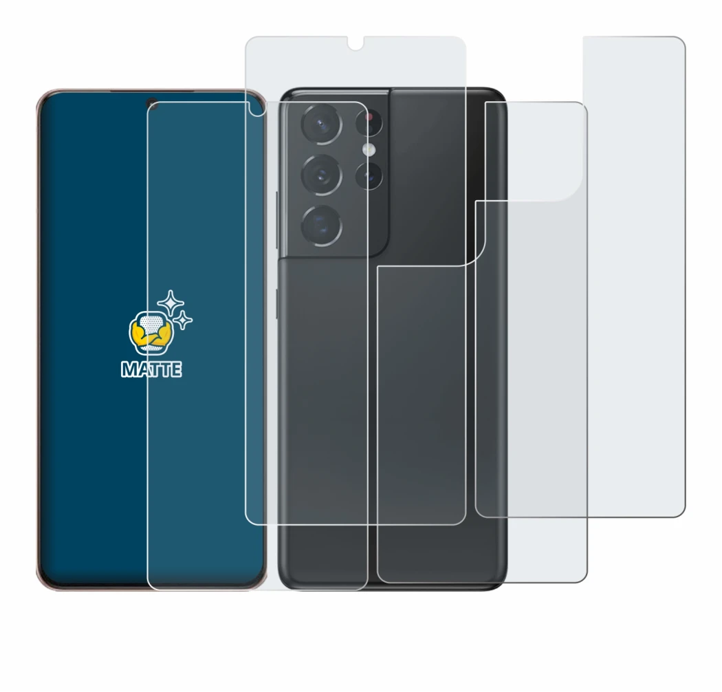 Abbildung des Geräts Samsung Galaxy S21 Ultra 5G (Display+Rückseite) mit einer Vielzahl des Displayschutzes.