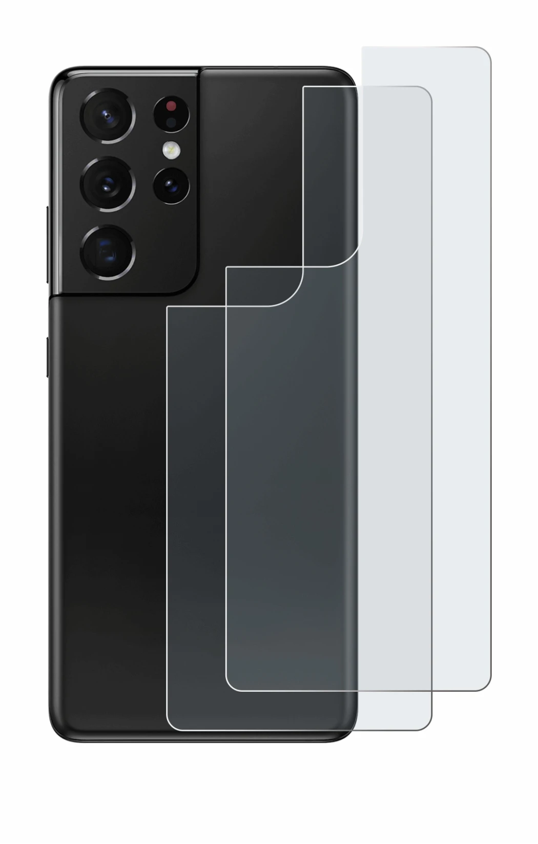 Abbildung des Geräts Samsung Galaxy S21 Ultra 5G (Rückseite) mit einer Vielzahl des Displayschutzes.