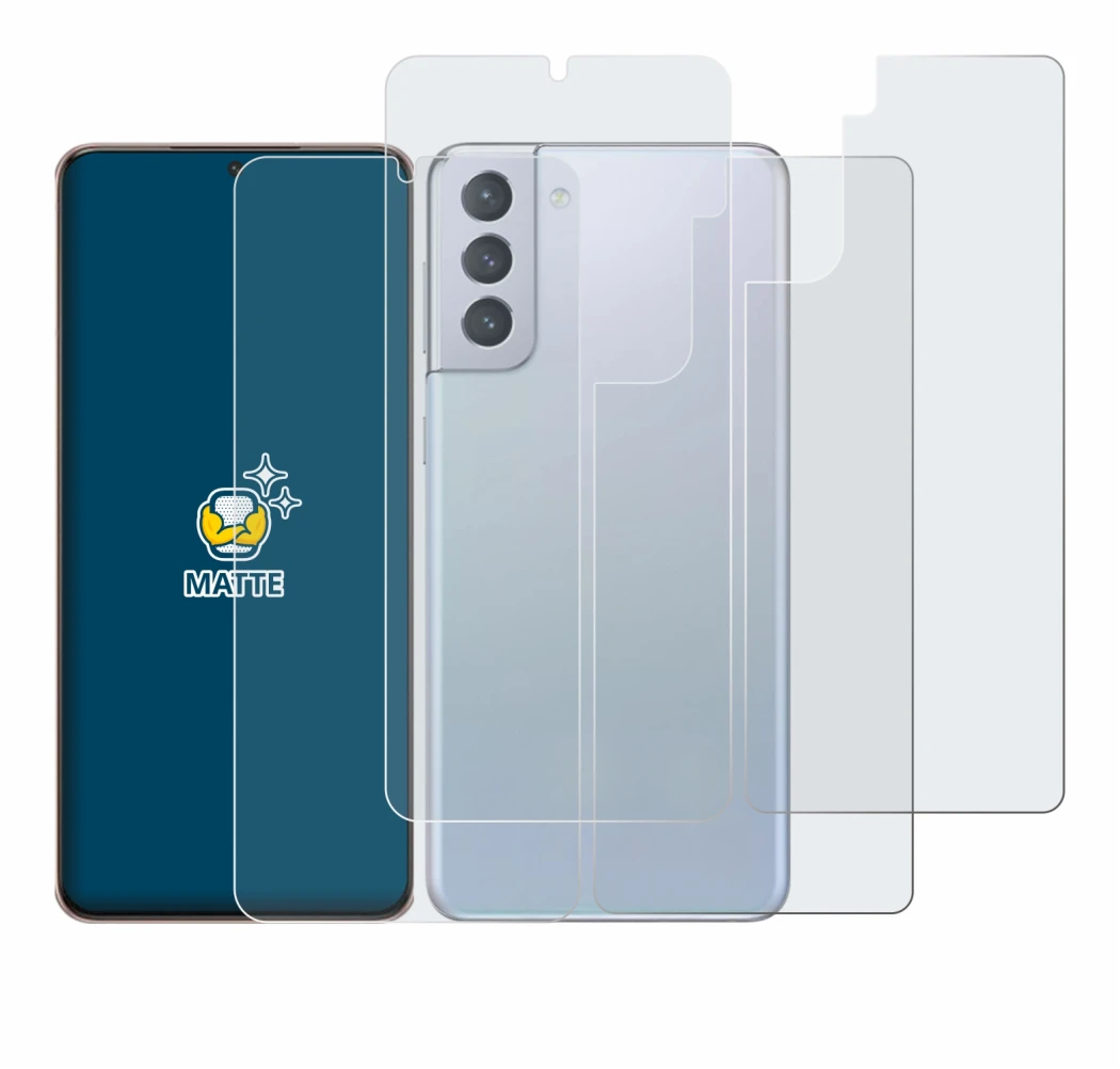 Abbildung des Geräts Samsung Galaxy S21 Plus 5G (Display+Rückseite) mit einer Vielzahl des Displayschutzes.