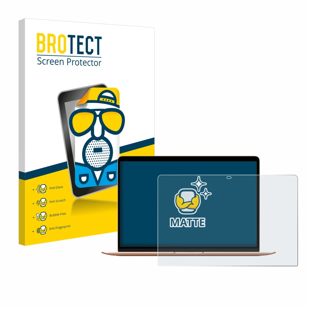 Vorderseite einer Produktverpackung mit dem Markenlogo BROTECT. Daneben ist das Gerät Apple MacBook Air M1 2020 mit dem zugehö