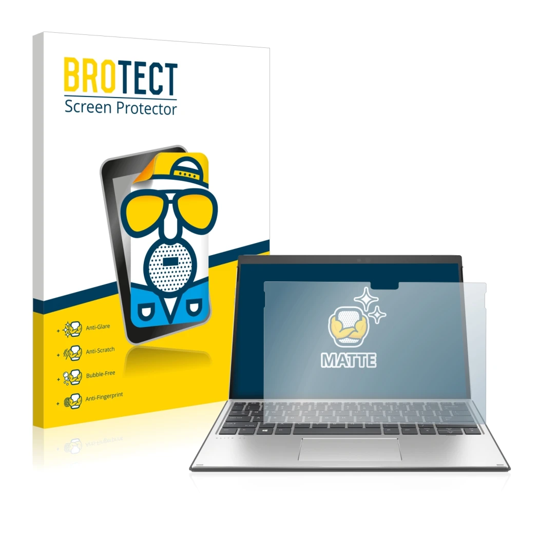 Vorderseite einer Produktverpackung mit dem Markenlogo BROTECT. Daneben ist das Gerät HP Elite x2 G8 mit dem zugehörigen Displ