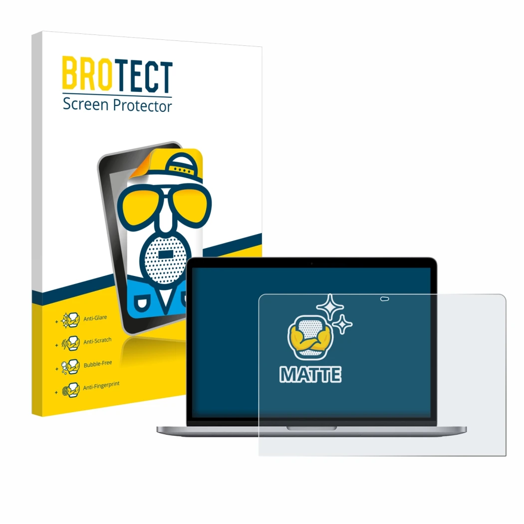 Vorderseite einer Produktverpackung mit dem Markenlogo BROTECT. Daneben ist das Gerät Apple MacBook Pro M1 13