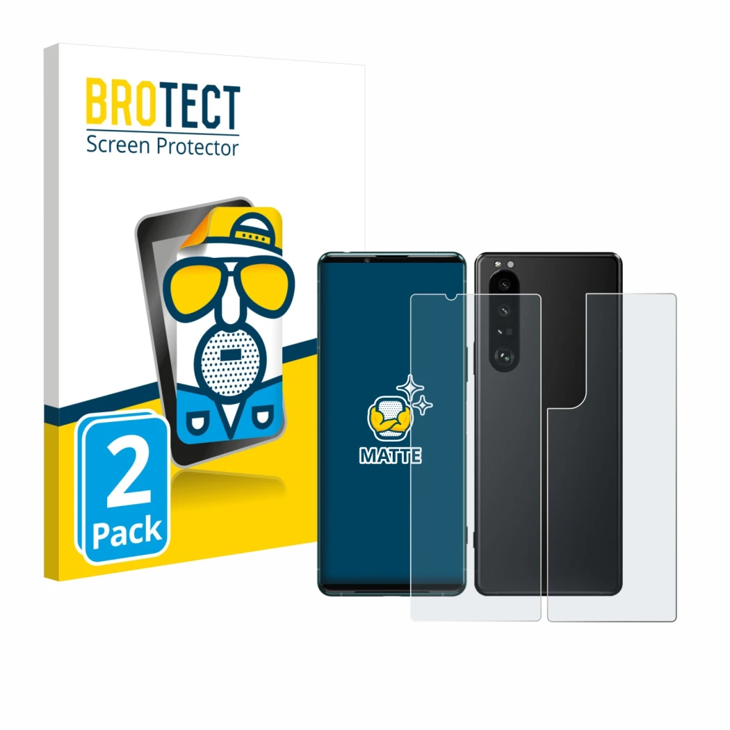 Vorderseite einer Produktverpackung mit dem Markenlogo BROTECT. Daneben ist das Gerät Sony Xperia 5 III (Display+Rückseite) mi