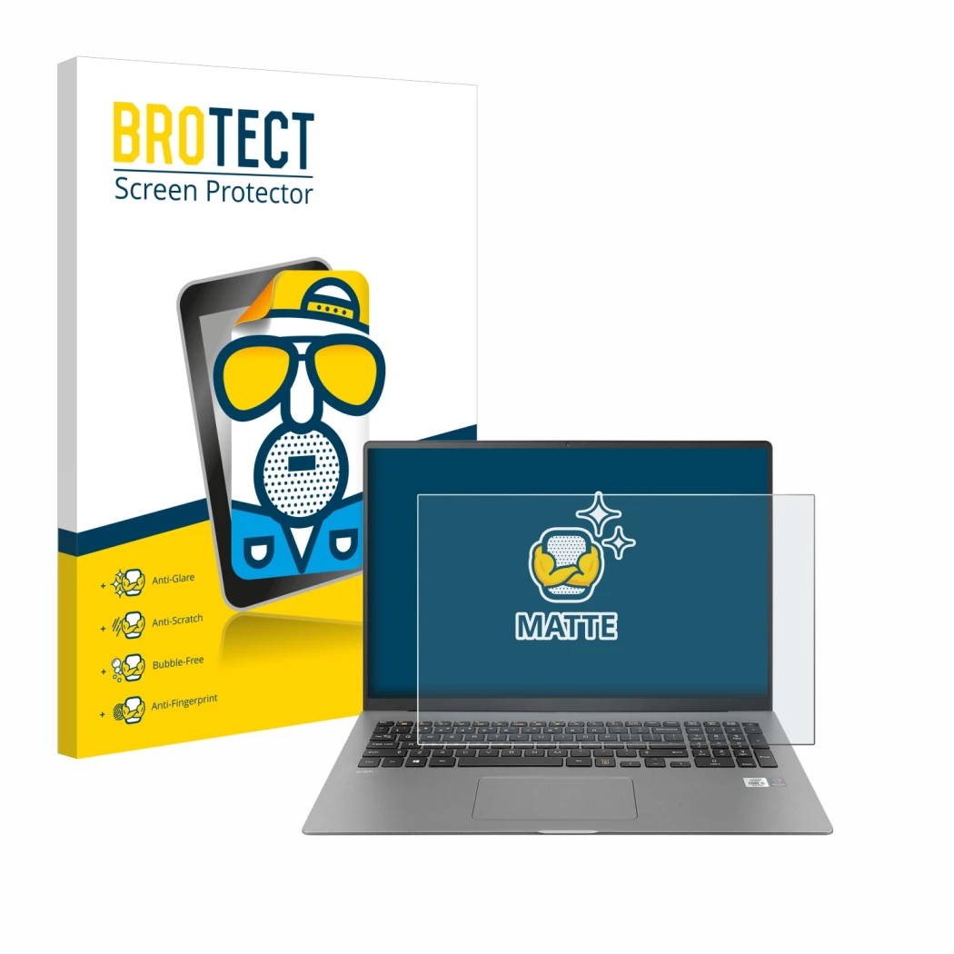 Vorderseite einer Produktverpackung mit dem Markenlogo BROTECT. Daneben ist das Gerät LG gram 17'' 2021 mit dem zugehörigen Di