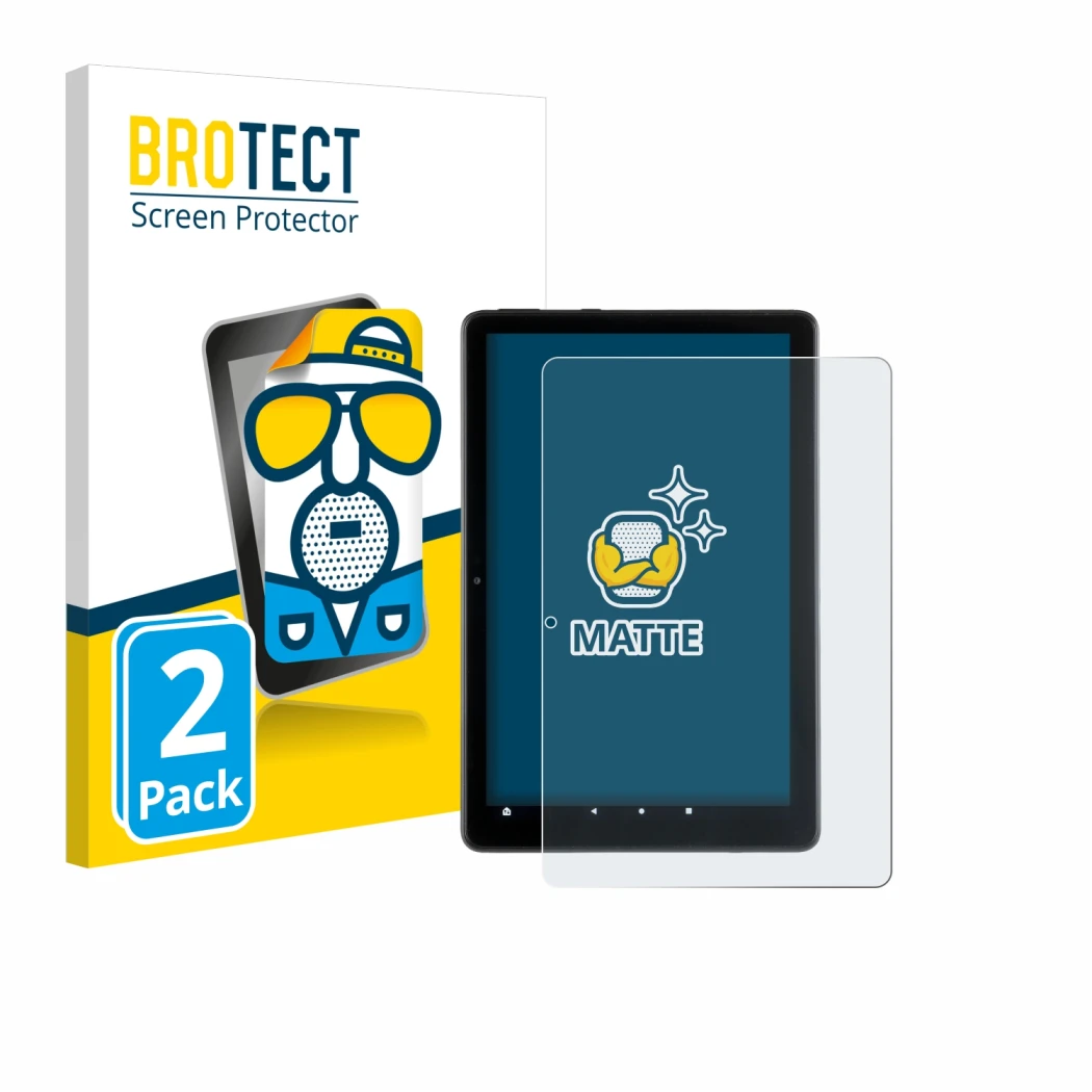 Vorderseite einer Produktverpackung mit dem Markenlogo BROTECT. Daneben ist das Gerät Amazon Fire HD 10 2021 (11. Gen.) mit de