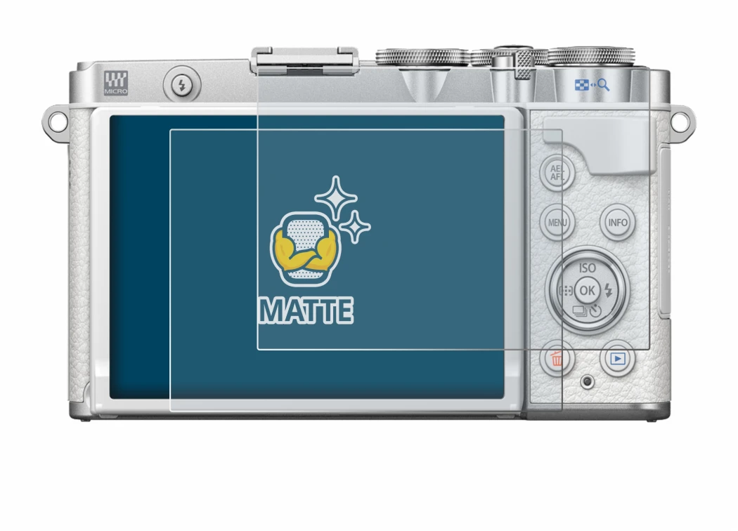 Abbildung des Geräts Olympus PEN E-P7 mit einer Vielzahl des Displayschutzes.
