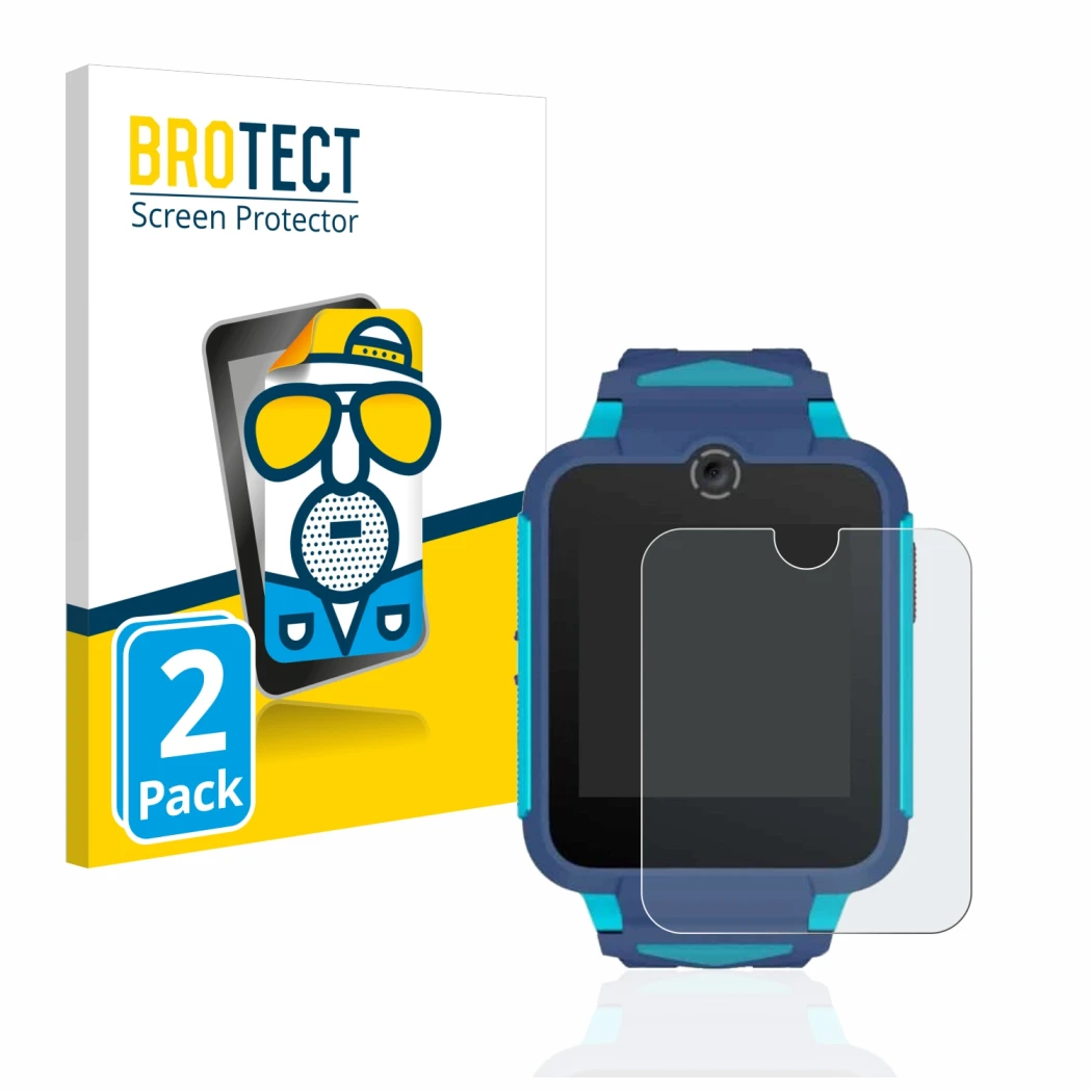 Vorderseite einer Produktverpackung mit dem Markenlogo BROTECT. Daneben ist das Gerät TCL Movetime Family Watch 2 mit dem zuge