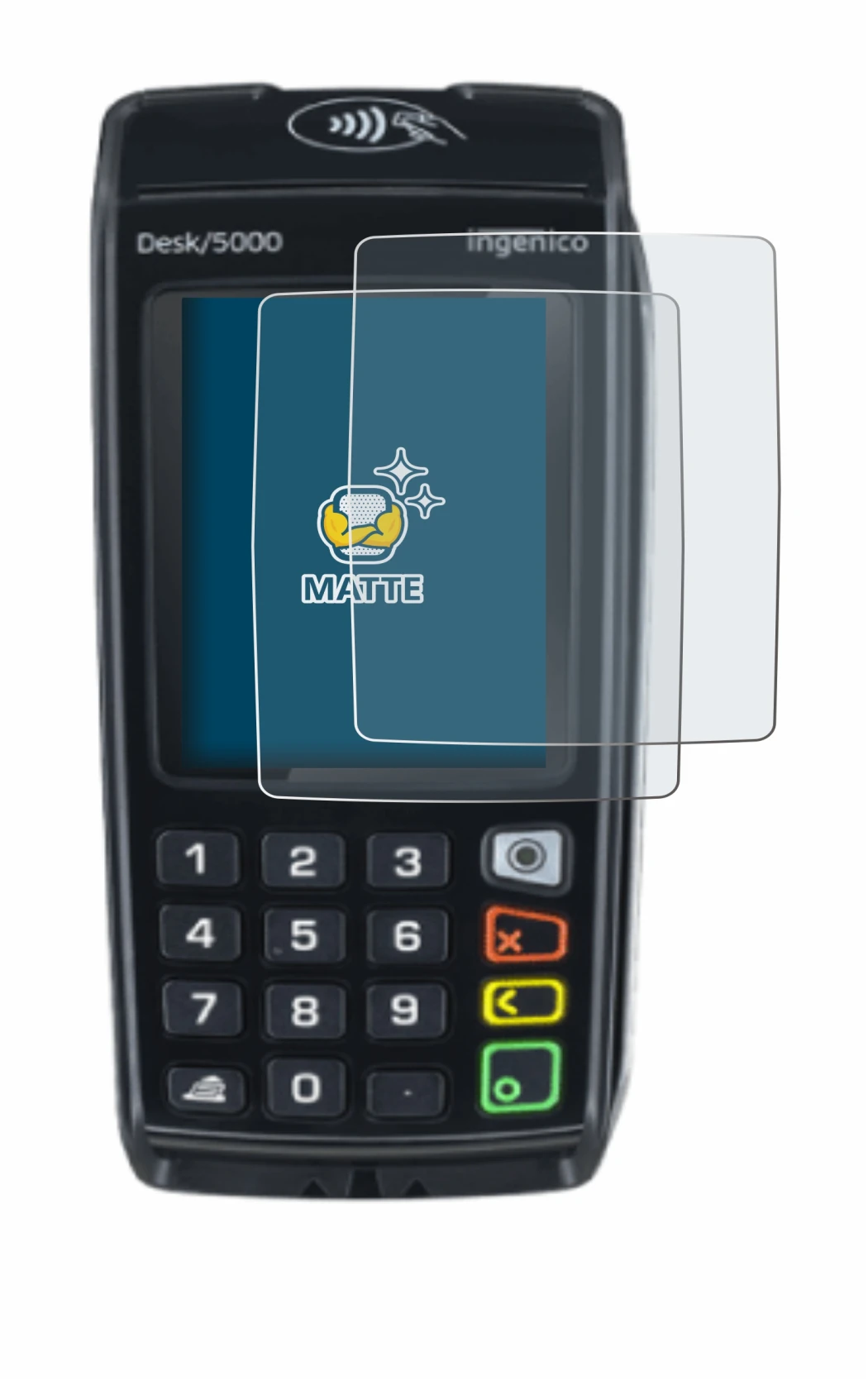 Abbildung des Geräts ingenico Desk/5000 mit einer Vielzahl des Displayschutzes.