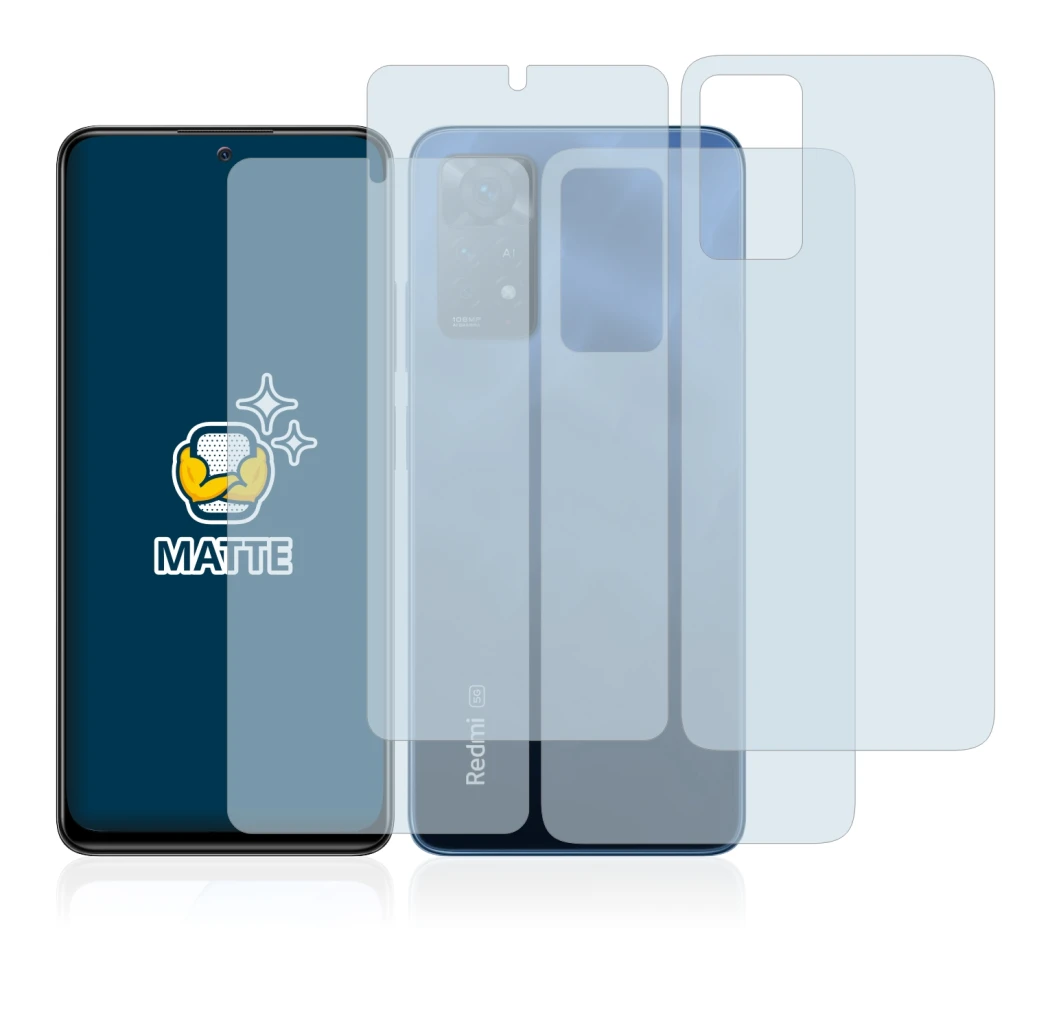 Abbildung des Geräts Xiaomi Redmi Note 11 Pro 5G (Display+Rückseite) mit einer Vielzahl des Displayschutzes.