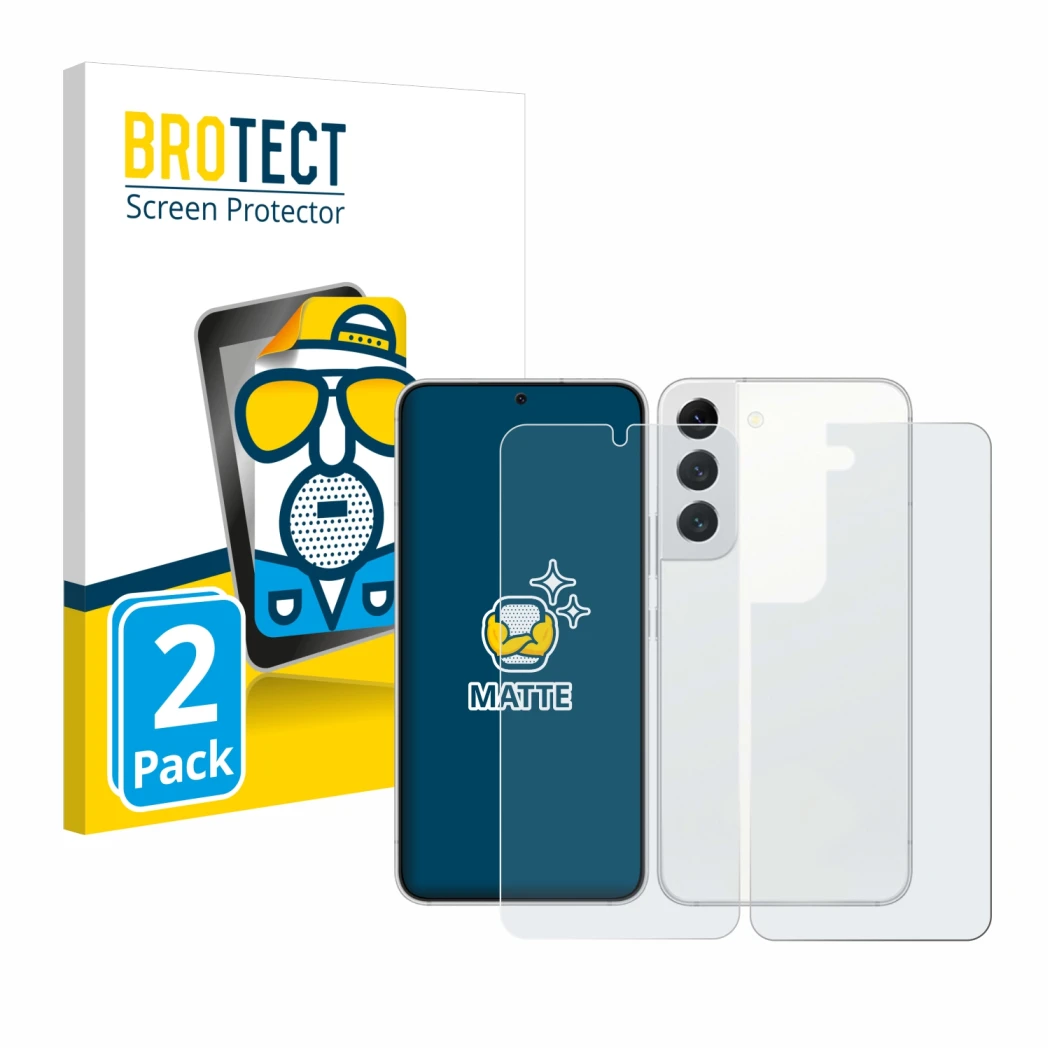 Vorderseite einer Produktverpackung mit dem Markenlogo BROTECT. Daneben ist das Gerät Samsung Galaxy S22 5G (Display+Rückseite