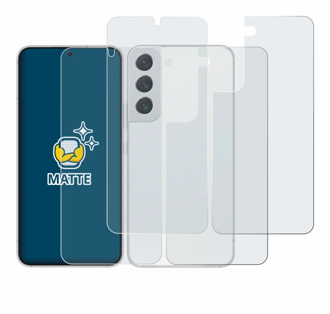 Abbildung des Geräts Samsung Galaxy S22 5G (Display+Rückseite) mit einer Vielzahl des Displayschutzes.