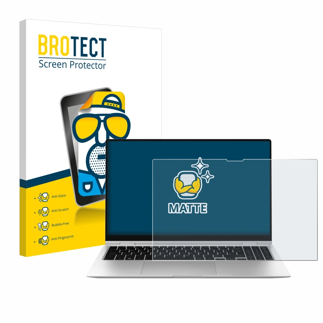 Vorderseite einer Produktverpackung mit dem Markenlogo BROTECT. Daneben ist das Gerät Samsung Galaxy Book2 Pro 360 15.6