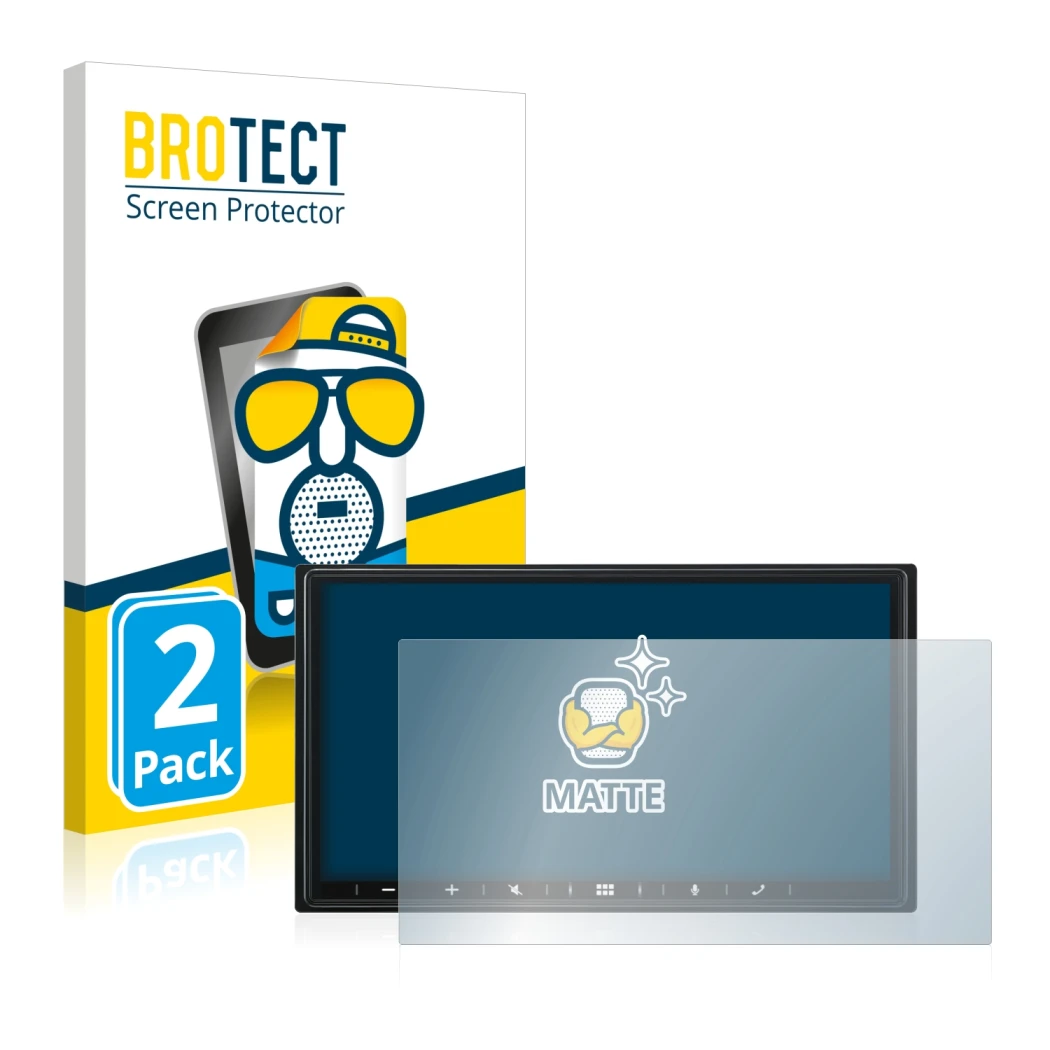 Vorderseite einer Produktverpackung mit dem Markenlogo BROTECT. Daneben ist das Gerät Alpine iLX-W690D mit dem zugehörigen Dis