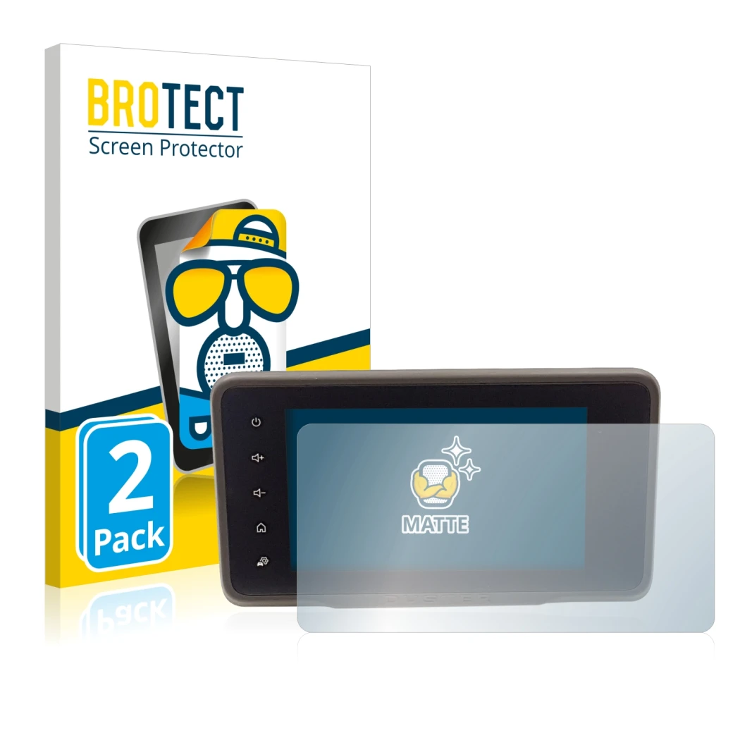 Vorderseite einer Produktverpackung mit dem Markenlogo BROTECT. Daneben ist das Gerät Dacia Duster 2 MediaDisplay mit dem zuge