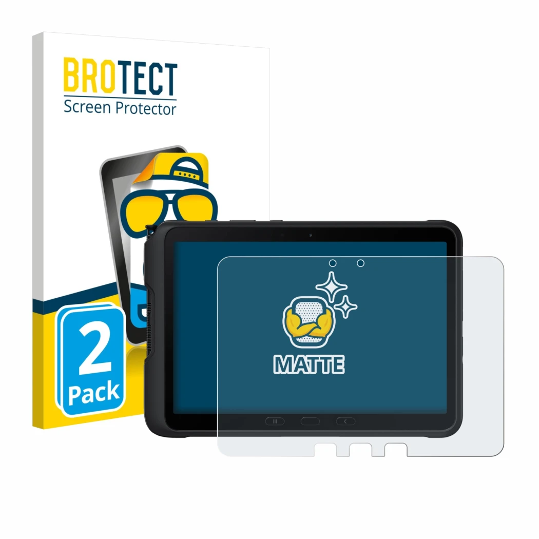 Vorderseite einer Produktverpackung mit dem Markenlogo BROTECT. Daneben ist das Gerät Samsung Galaxy Tab Active 4 Pro mit dem 
