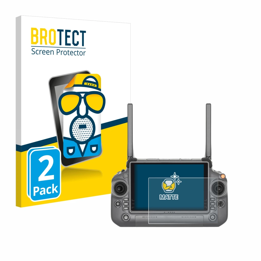 Vorderseite einer Produktverpackung mit dem Markenlogo BROTECT. Daneben ist das Gerät DJI RC Plus mit dem zugehörigen Displays