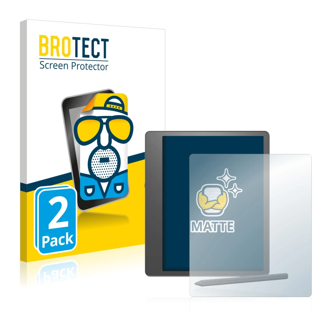 Vorderseite einer Produktverpackung mit dem Markenlogo BROTECT. Daneben ist das Gerät Amazon Kindle Scribe mit dem zugehörigen