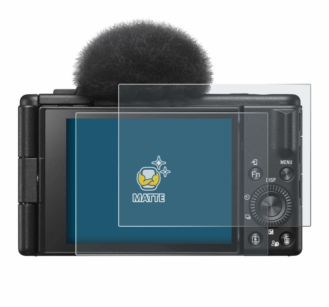 Abbildung des Geräts Sony ZV-1F mit einer Vielzahl des Displayschutzes.