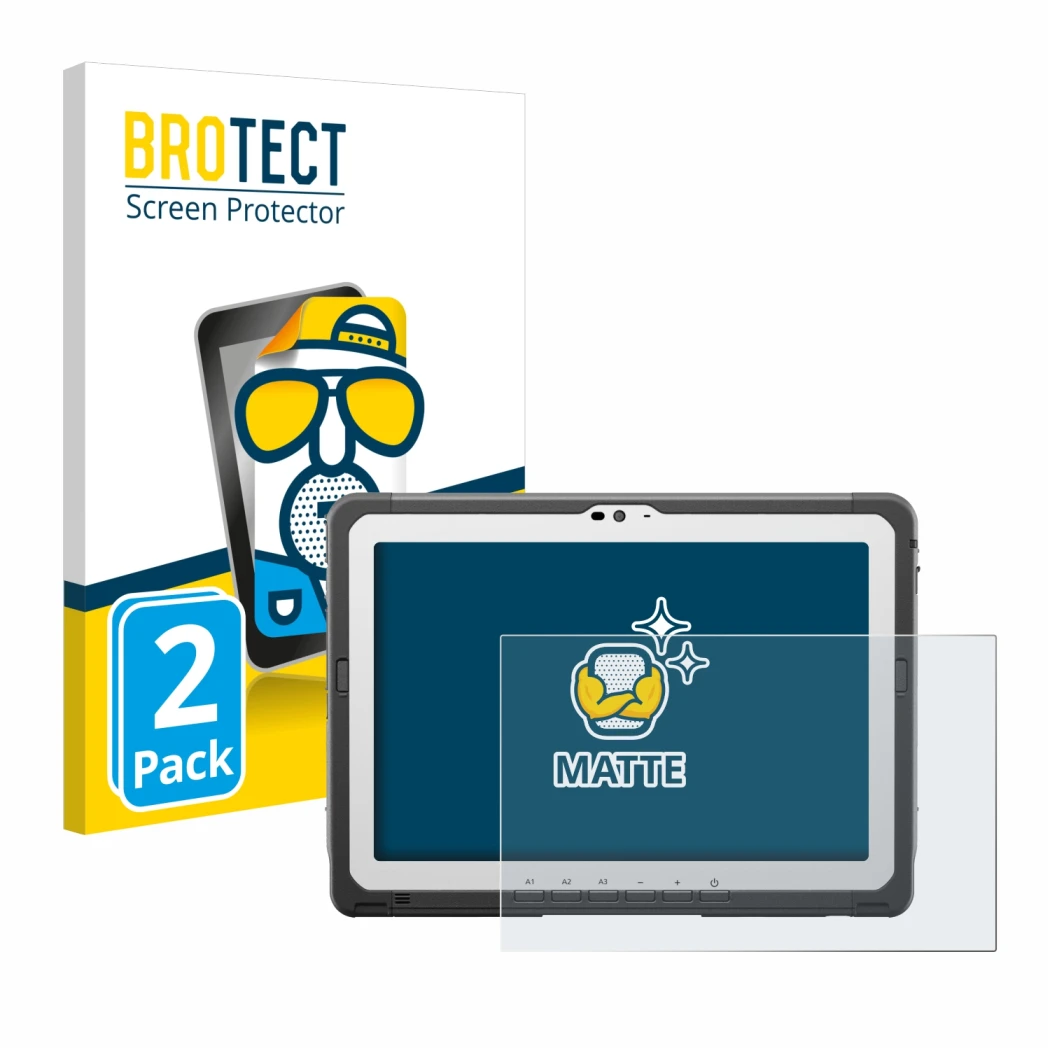 Vorderseite einer Produktverpackung mit dem Markenlogo BROTECT. Daneben ist das Gerät Panasonic Toughbook FZ-A3 mit dem zugehö
