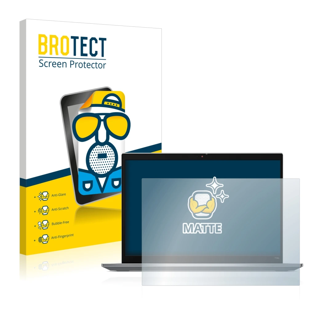 Vorderseite einer Produktverpackung mit dem Markenlogo BROTECT. Daneben ist das Gerät Lenovo ThinkPad T14s Gen 3 mit dem zugeh