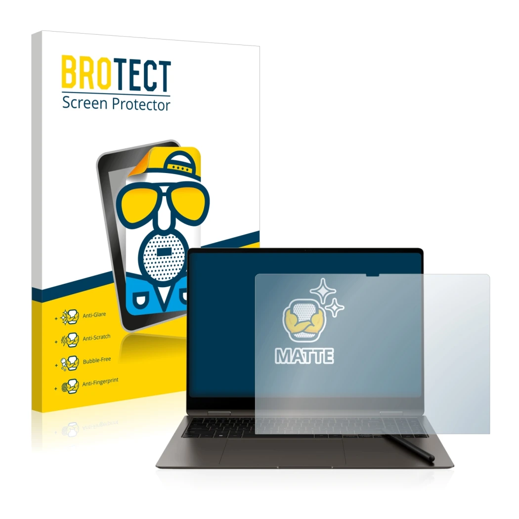 Vorderseite einer Produktverpackung mit dem Markenlogo BROTECT. Daneben ist das Gerät Samsung Galaxy Book3 Pro 360 16