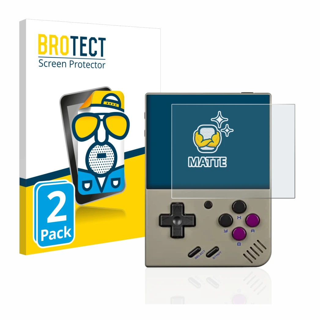 Vorderseite einer Produktverpackung mit dem Markenlogo BROTECT. Daneben ist das Gerät Miyoo Mini Plus mit dem zugehörigen Disp