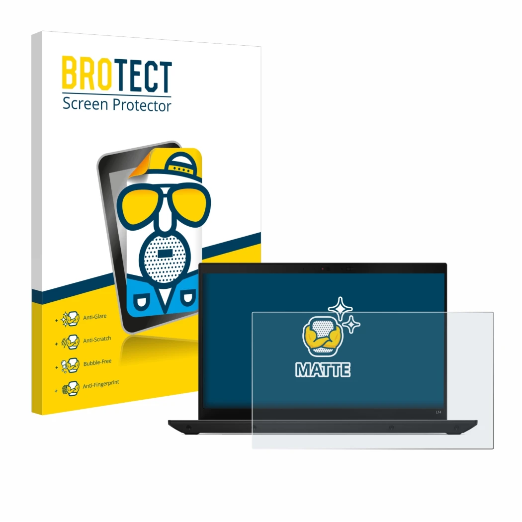 Vorderseite einer Produktverpackung mit dem Markenlogo BROTECT. Daneben ist das Gerät Lenovo ThinkPad L14 Gen 4 mit dem zugehö